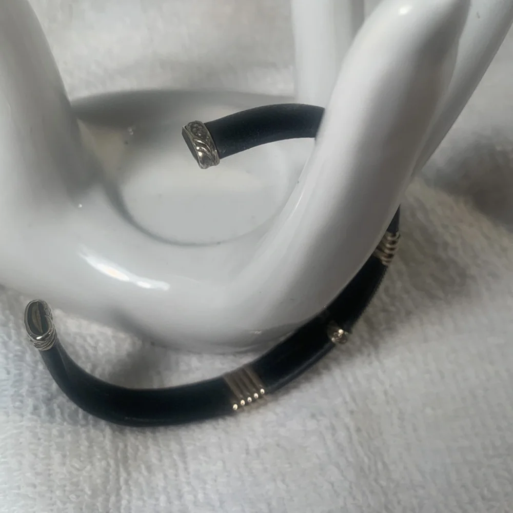 Unisex Black Leather Copper and Silver Cuff Bracelet